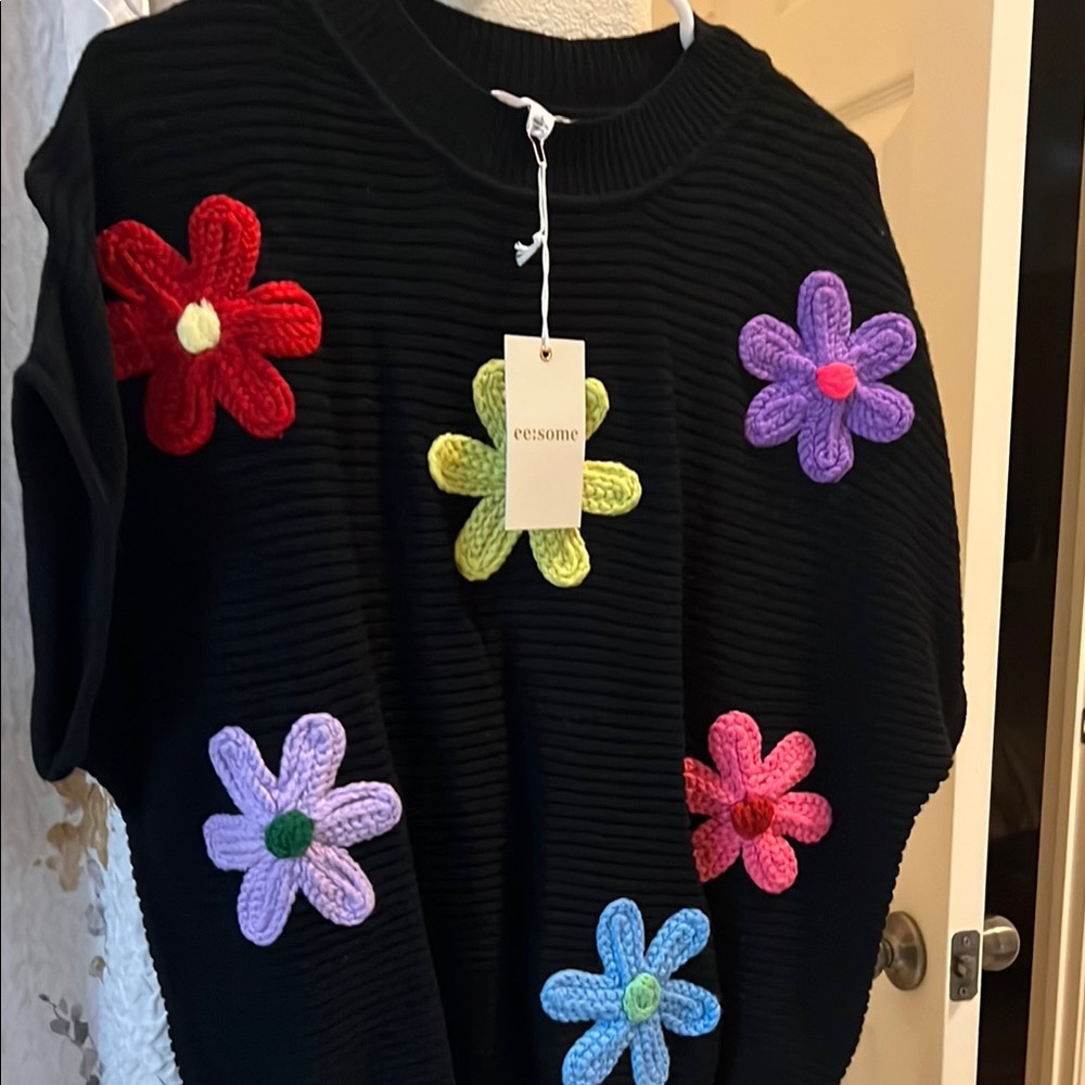 Eesome Black and Red Crew Neck Sweater with Floral Appliques
